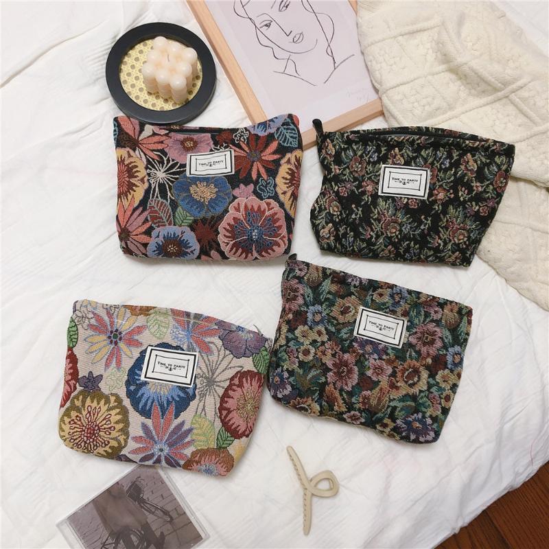 

Cosmetic Bags & Cases Flowers Fashion Women's Makeup Bag Jacquard Travel Cotton Toiletry Storage Clutch Canvas Large Capacity Zipper Handbag