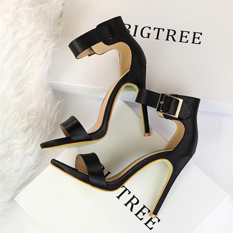 

Sandals Silk Heels Women Shoes Buckle Strip Sandal Sexy Black Size 42 43 Satin Elegant High Summer Thin Heel G1408-1