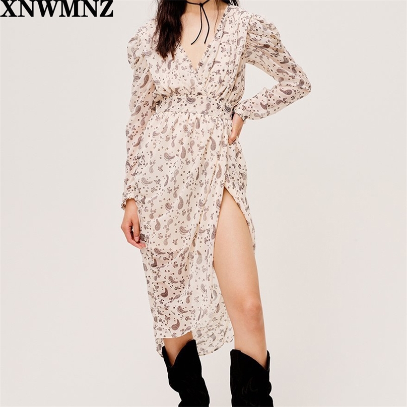 

women Airy paisley print chiffon midi dress Female Faux draped wrap skirt drop shoulder sleeves Smocked waist 210520, Picture color