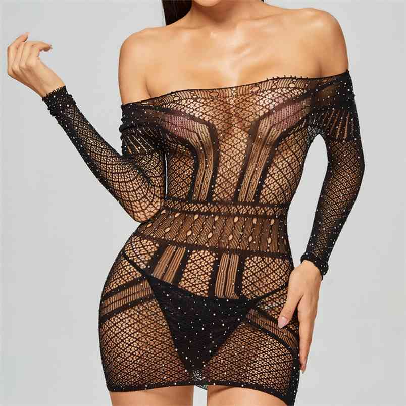 

OMSJ Sexy Sparkle Bodycon Mini Transparent Dresses Off-shoulder Fishing Net Hollow Out Women Party Club Vestidos 210517, Black
