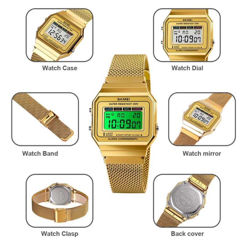 

Wristwatches SKMEI 1639 Women Men Digital Sport Watch Chrono Waterproof Steel Watchband Small Dial Couple Gift Clock For Drop, Gold