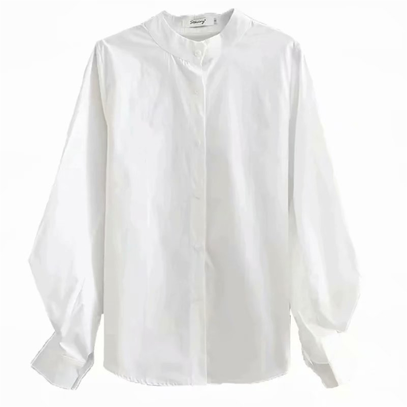 

White Lantern Sleeve Stand Collar Shirt Women Casual Long O-neck Ruffles Blouse Elegant shirts 210524