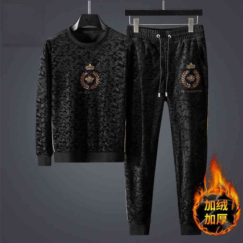 

Men's Tracksuits Senior luxury velvet leisure suit male bee embroidered sweater a set of plush thickened sports personality full flowers KPKI, 1# shoe box