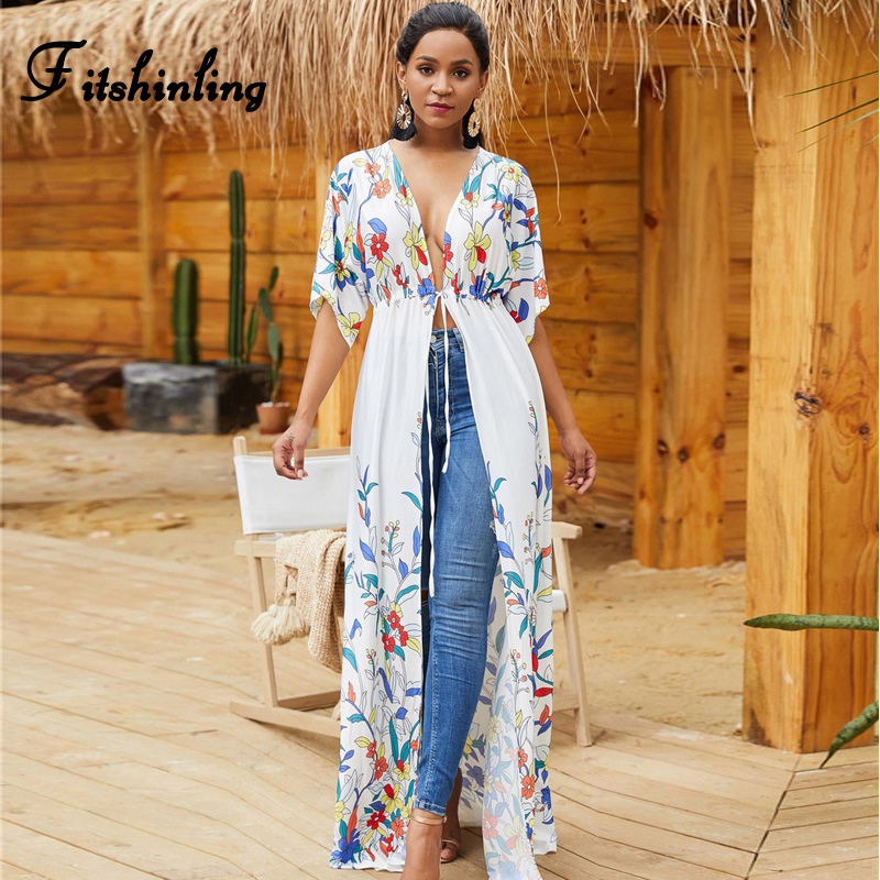 

Fitshinling Print floral beach cover-up swimwear holiday bohemian slim sexy white long kimono cardigan summer bikini outer cover