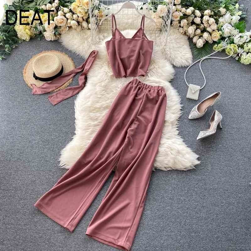 

Women Sling Pleated Long Pants Arrivals Two Piece Set Fashion Sexy Backless Temperament Spring Summer 11D120 210525, Pink