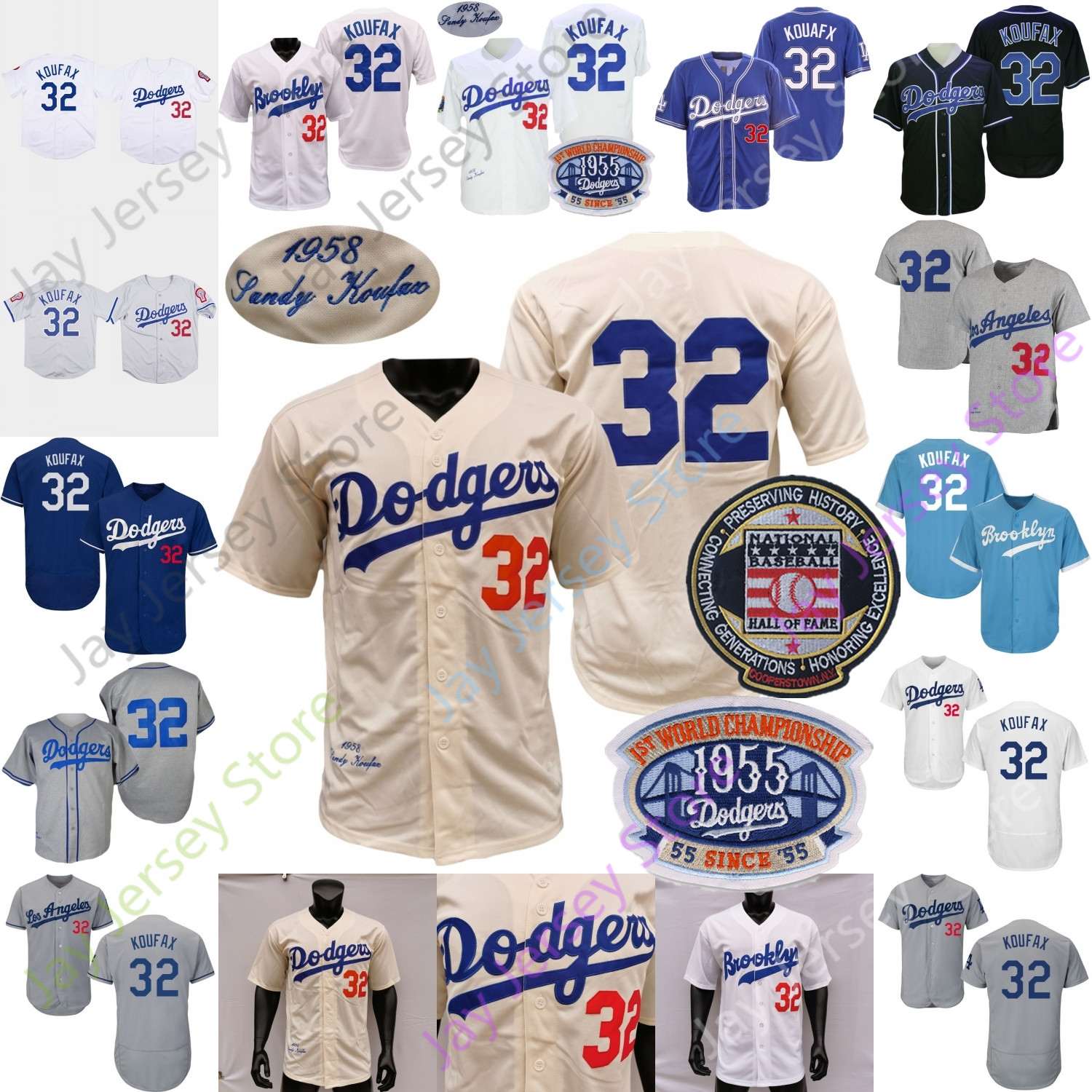 

32 Sandy Koufax Jersye Vintage 1958 Cream White With 1ST WS Patch Hall Of Fame 1963 Hemp-Grey 1981 Grey Black Fashion Blue Player Size S-3XL, Grey i