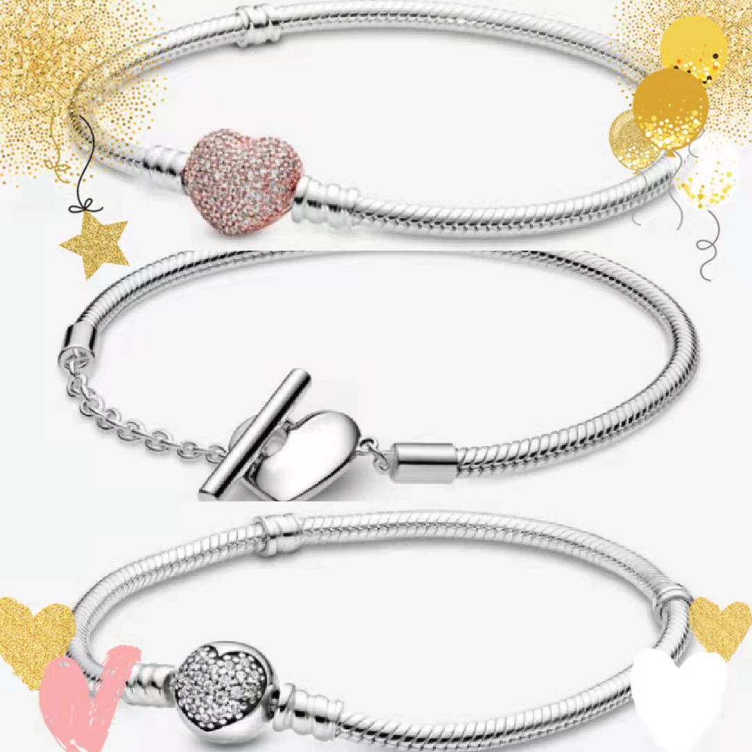 

18K rose gold CZ diamond heart-shaped buckle beaded strands bracelet with original box suitable for Pandora 925 sterling silver ladies wedding gift charm bracelet