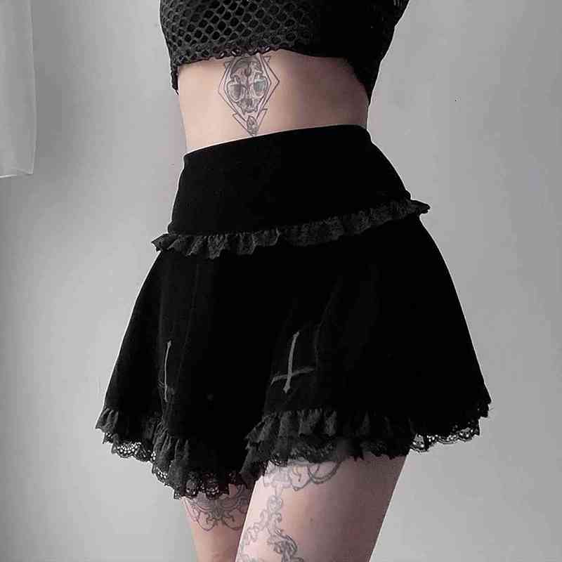 

faldas summer high waist black womens skirt goth mini lace suede punk skirts harajuku streetwear women cross embroidered gothic