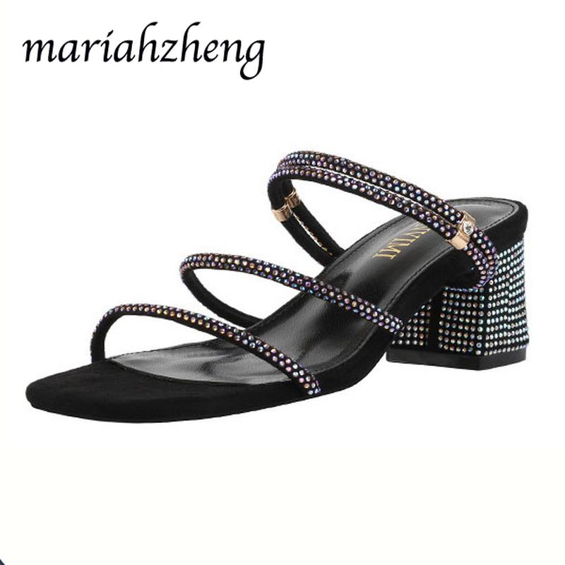 

Slippers LTARTA 5.5CM 2021 Summer Fashion Rhinestone Square Head Thick Heel Sandals Women High LBZ, Black