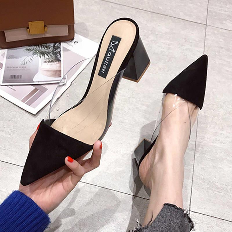 

Dress Shoes Suede Pumps Summer Women Fashion Pointed High Heels Muller Square Heel Slippers Slip-On Shallow Ladies, Black