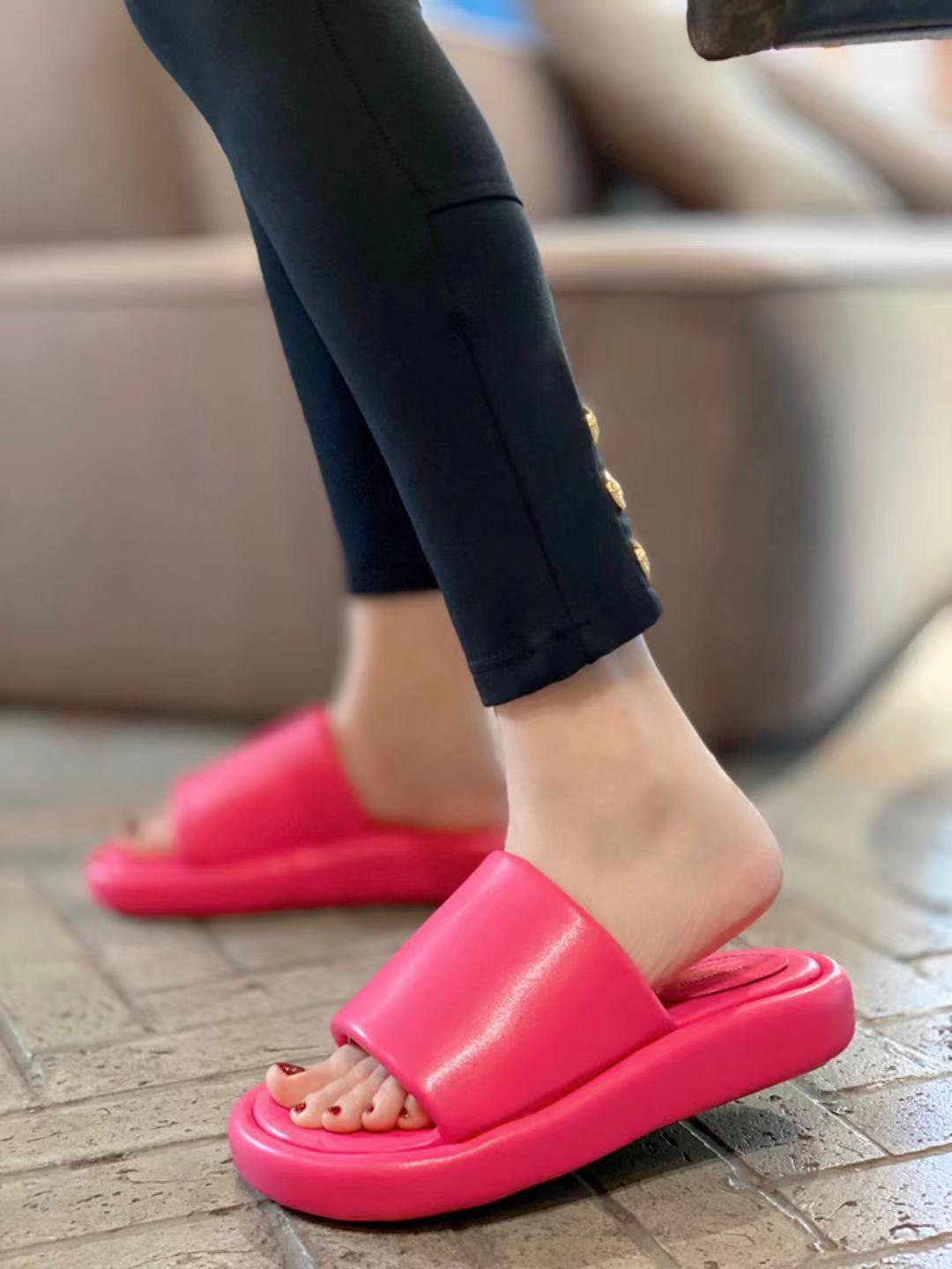 

stylishbox ~ t21032803 40 BLACK/WHITE/pink flat slides sandals soft slides genuine leather lamb skin platform summer shoes casual slippers, Please check size before pay