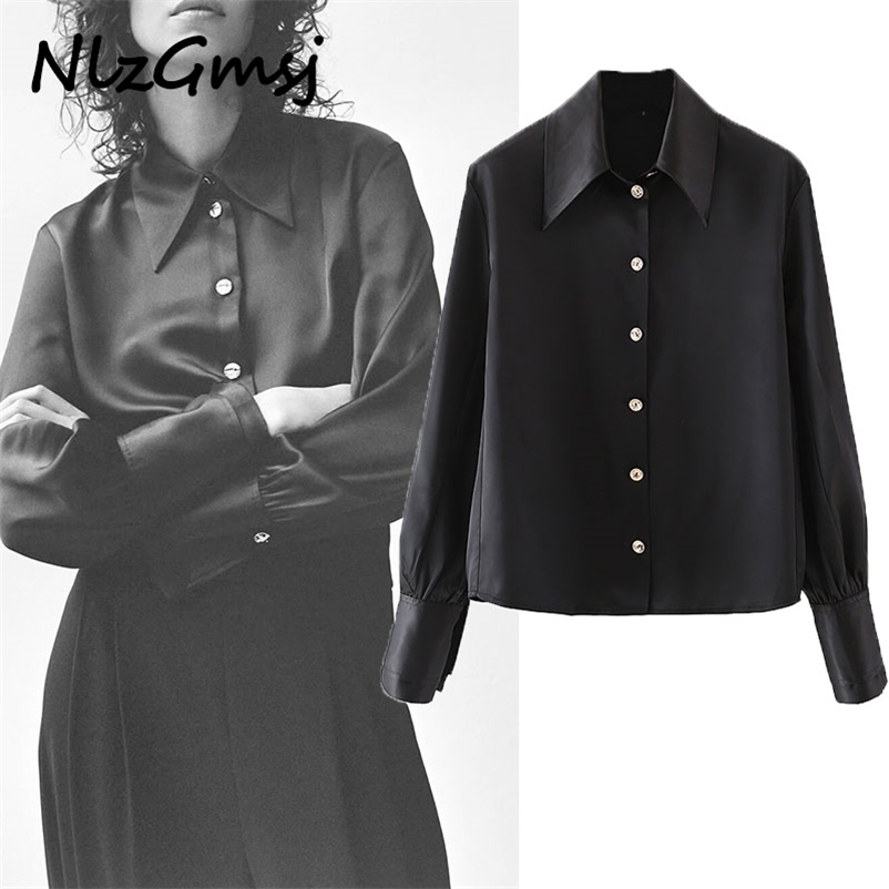 

Blouse Women Black Satin Shirts Long Sleeve Solid Turn Down Collar Elegant Office Ladies Work Wear Blouses 210628, As picture