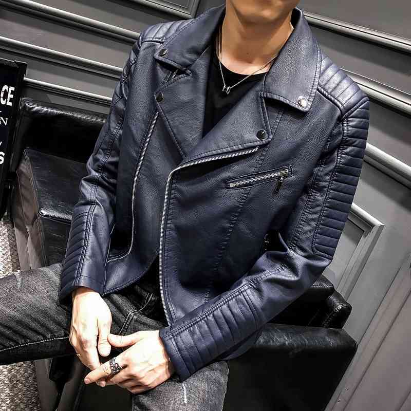 

Autumn new motorcycle clothes Lapel PU leather jacket coat youth trend slim men's wear, Black
