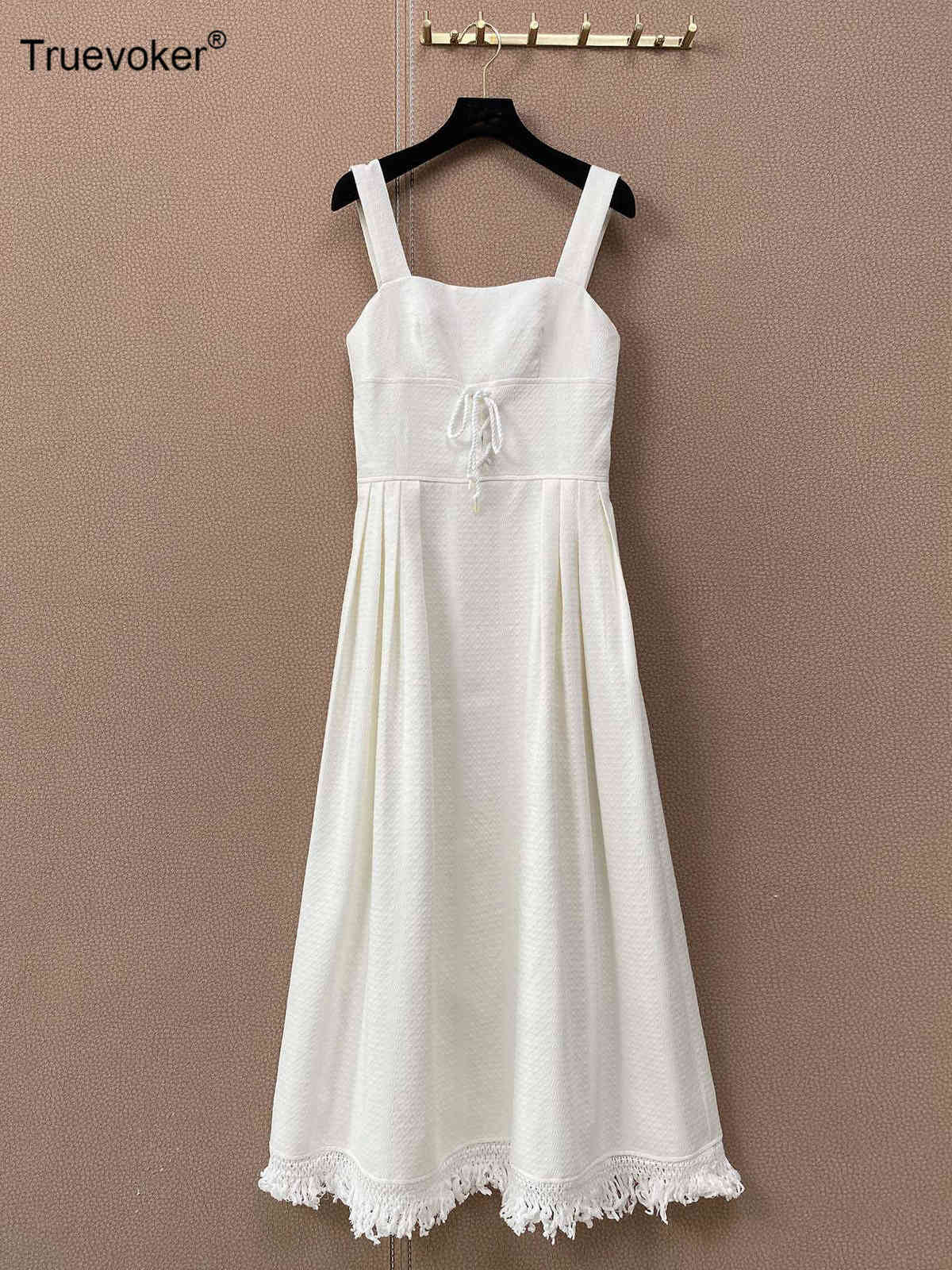 

Truevoker Summer Runway Fashion Lace Up Slip Vestido's Brief White Tassel Midi Spaghetti Strap Resort Dresses 210602, Ivory