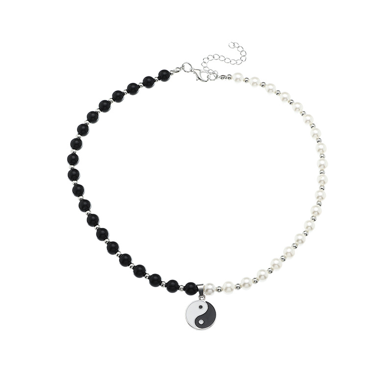 

Punk Black White Imitation Pearl Beads Choker Necklaces for Men Round Tai Chi Gossip Pendant Necklace Jewelry