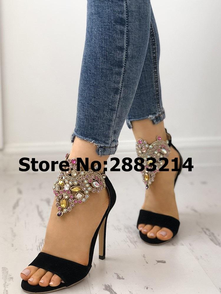 

selling Glittering Embellished High Heeled Sandals Multi-color Crystal Ankle Wrap Black Suede Sexy Heels Pumps