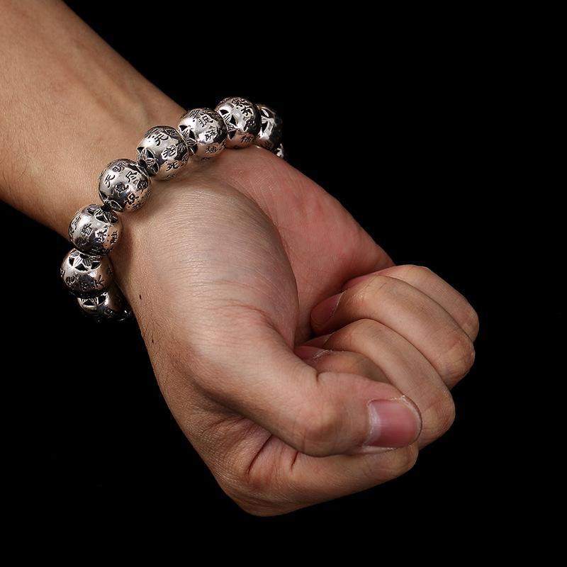 

Beaded, Strands S925 Sterling Silver Retro Thai Old Character Wild Versatile Buddhist Prayer Beads Men's Bracelet