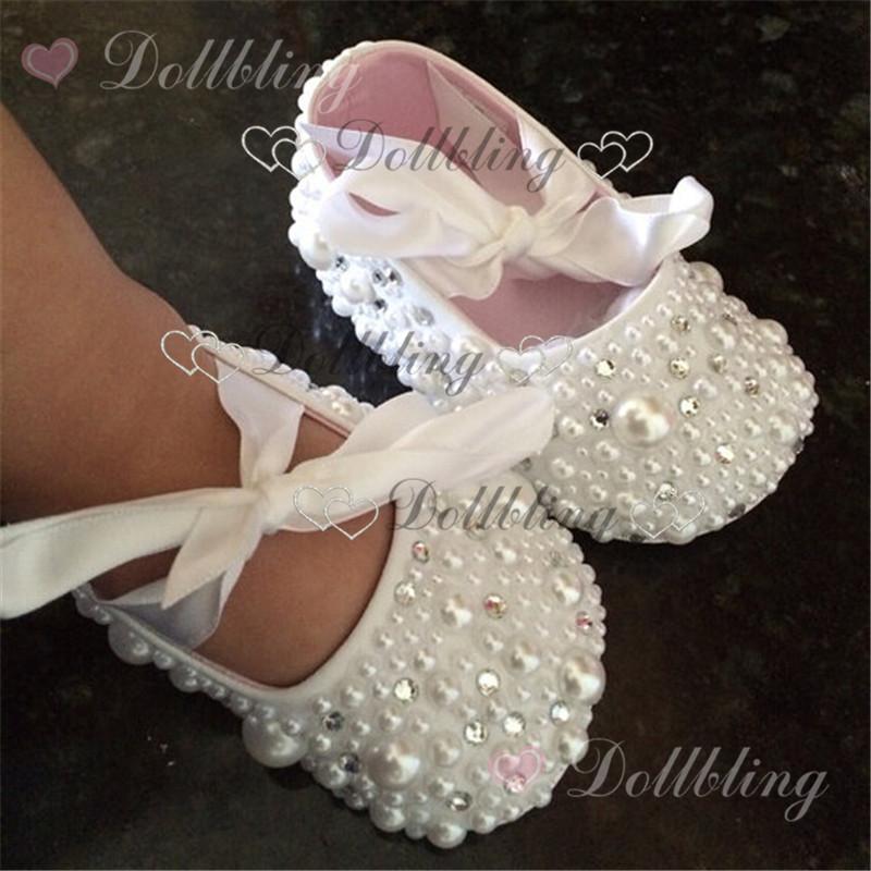 

First Walkers Christening Pearls Rhinestones Clear Crystal Baby Shoes Custom For Buyer White Ribbon Match Magic Childhood Keepsake