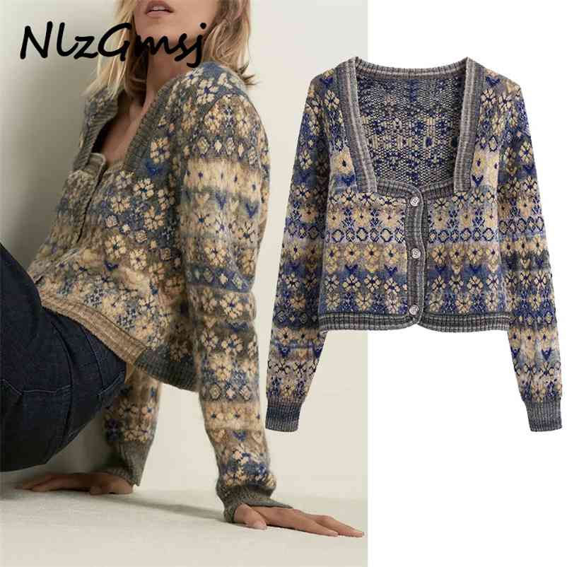 

Sweater Women Cropped Knit Jacquard Cardigan Long Sleeve Ribbed Vintage Knitted Top Female Chic Front Sweaters 210628, As picture