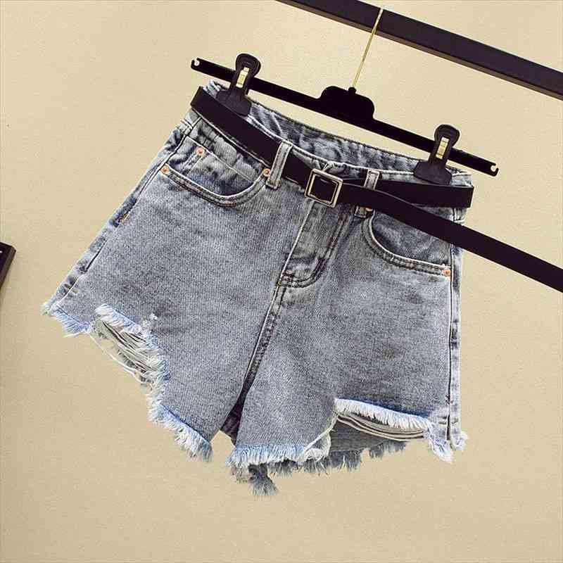 

women summer shorts style ripped hole washed denim shorts high waist casual fashion irregular wide-leg plus size, White;black