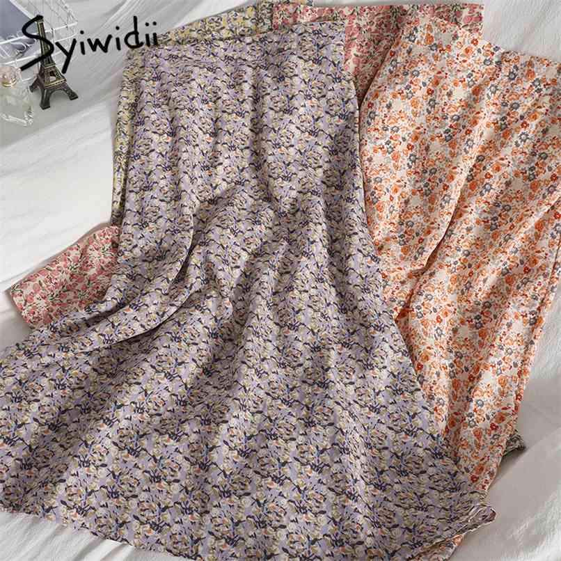 

Boho Floral Print Chiffon Skirt for Women Black Elastic High Waist Spring Summer White Pink Midi Skirts 210607, 43 white
