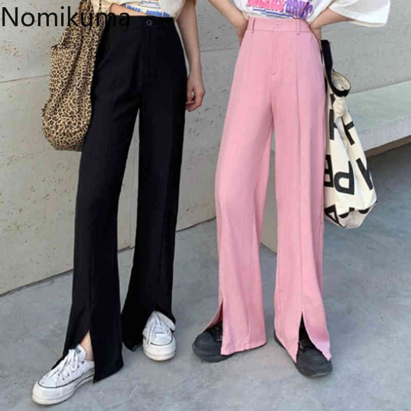 Nomikuma Summer Korean Woman Pants High Waist Elegant Long Trousers Causal Solid Wide Leg Split Pant Mujer Pantalones 6H101 210427