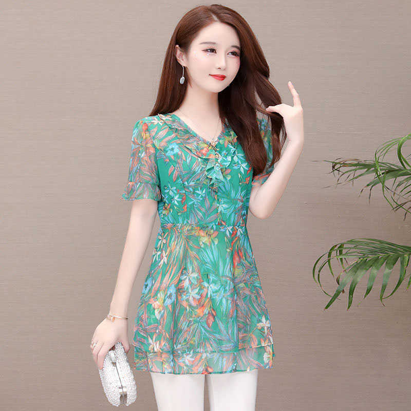 

Women Casual Chiffon blouses Shirts Lady Summer Style V-neck Flower Printed Long Blusas Tops DF2906 210609, Colorful