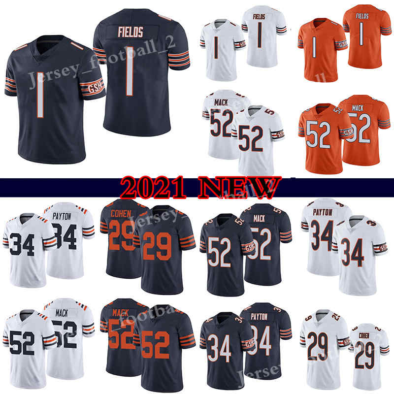 

1 Justin Fields 52 Khalil Mack 34 Walter Payton 29 Tarik Cohen Men's Stitched NFL ChicagoBears football jerseys, White