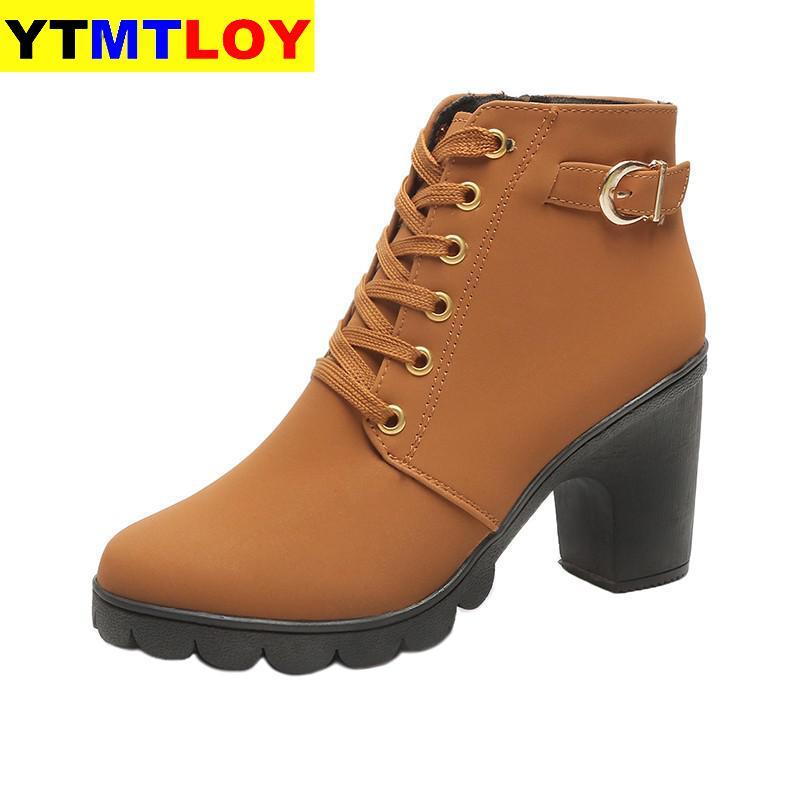 

Top Quality Ankle Boots For Women New Elegant Square Heel Shoes Woman High Solid Vintage Lace-up Ladies Winter Platform Boots High, Wine red