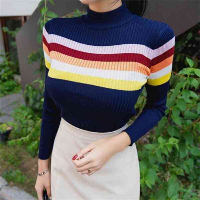 

Fall Winter Temperament OL Slim Rainbow stripes Knitted Sweater Long Sleeve Stretch Pullover Bottoming Top Women 210602, Navy blue