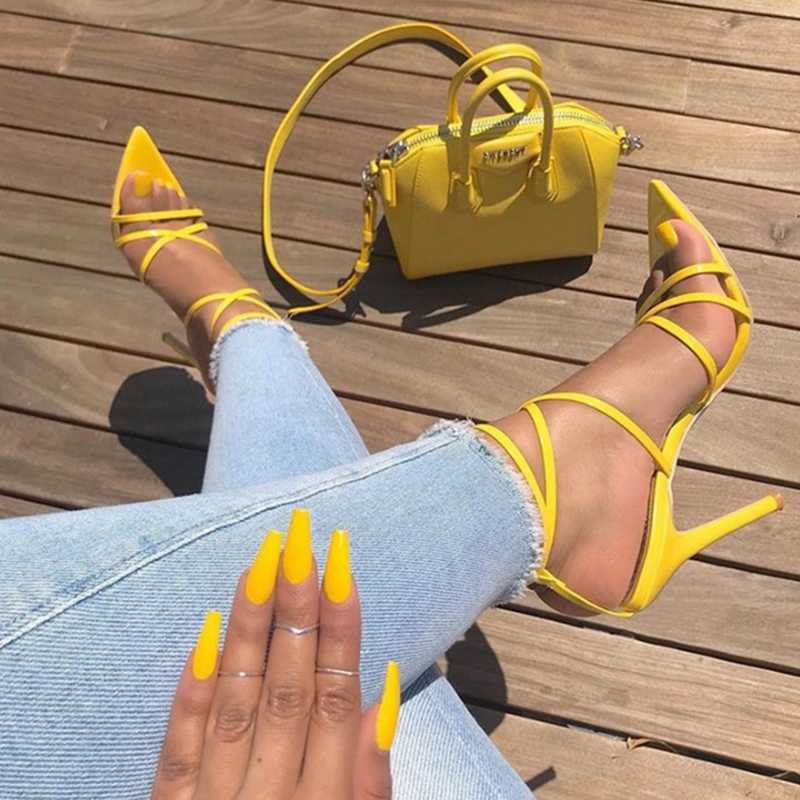 

Sexy Yellow Sandals Ladies Sandals Summer New Pointed Fish Mouth Cross Stilettos Sharp Point Toe 11.5cm Heels Y0721, Apricot