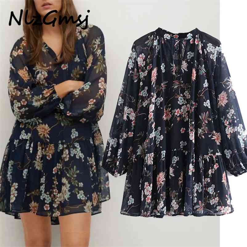 

Dres Chiffon Mini Long Puff Sleeve Retro Pleated es Female Fashion V Neck Elegant Vestido 210628, As picture
