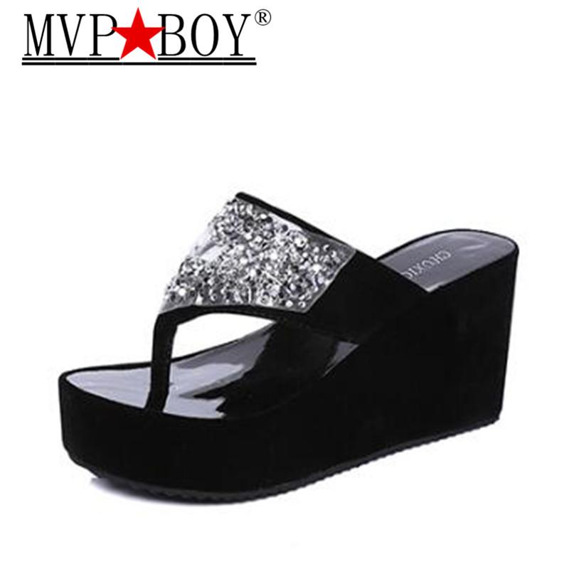 

Slippers Mvp Boy Summer Women's Shoes Rhinestone Woman Flip Flops Wedged Platform Designer Beach Zapatos Mujer, Black