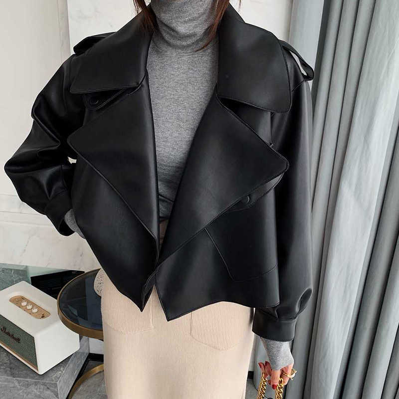 

LY VAREY LIN Autumn Winter Women Pu Motorcycle Biker Red Coat Faux Leather Jacket Turndown Collar Loose Black Punk Outerwear 210526