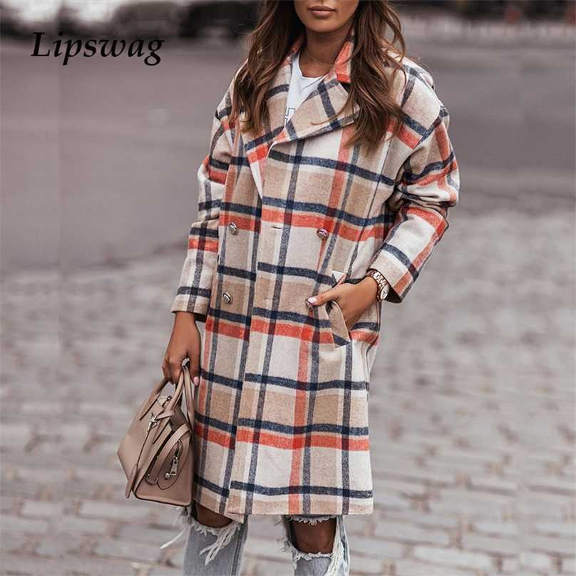 

Women Autumn Winter Elegant Long Overcoat Fashion Plaid Printed Windbreaker For Office Lady Casual Turn-down Collar Jackets 211019, Orange