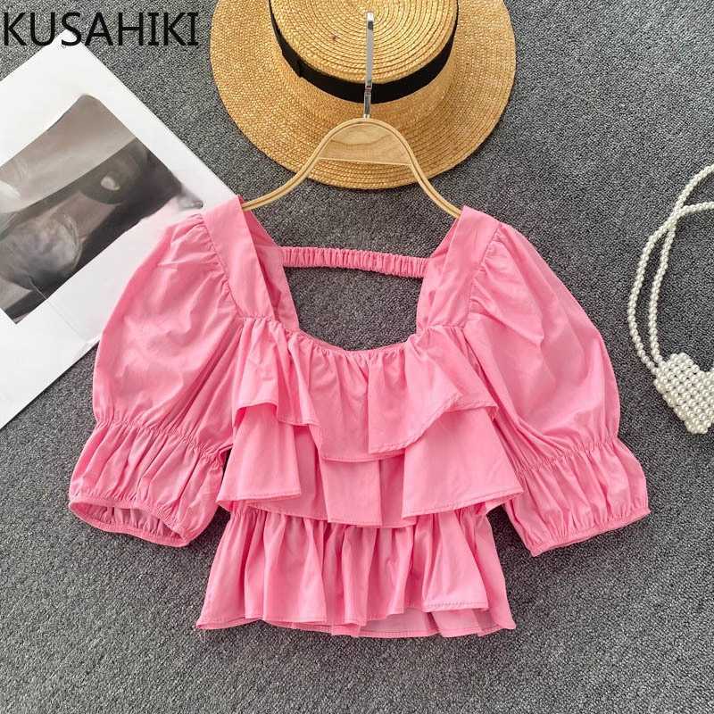 

KUSAHIKI Causal Chic Ruffle Short Blouse Shirt Puff Sleeve Square Collar Womens Tops Summer Blusas Mujer De Moda 6H222 210602, Blue