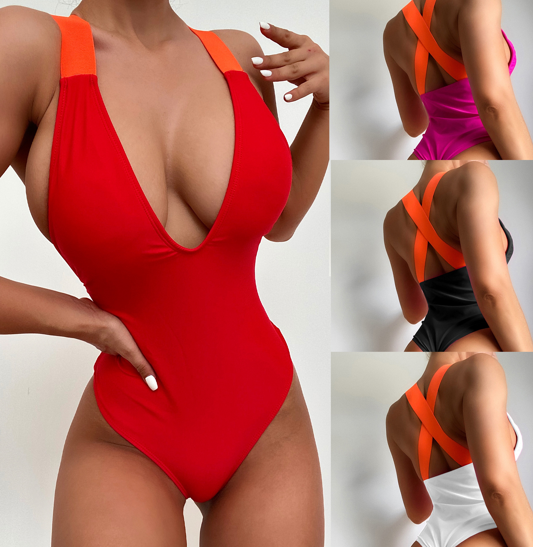 

Women' Swimsuit Sexy Summer Beach Casual Swimwear Solid Wide Bands One Piece Bathing Suits Natural Color Deep V Shape Monokini, Black
