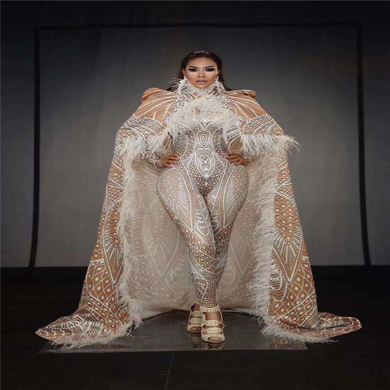 

Party Decoration T55 Ballroom Dance Stage Costume Feather Cloak Female Singer Perform Outfit 3D Printing Stretch Leotard Jumpsuit Wears Dj