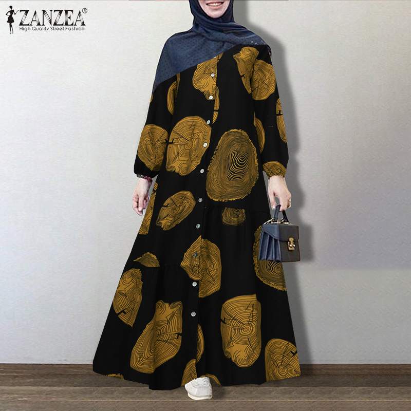 

ZANZEA Vintage Printed Sundress Retro Women Dubai Abaya Turkey Hijab Dress Autumn Long Sleeve Kaftan Loose Maxi Long Vestido 7, A-black