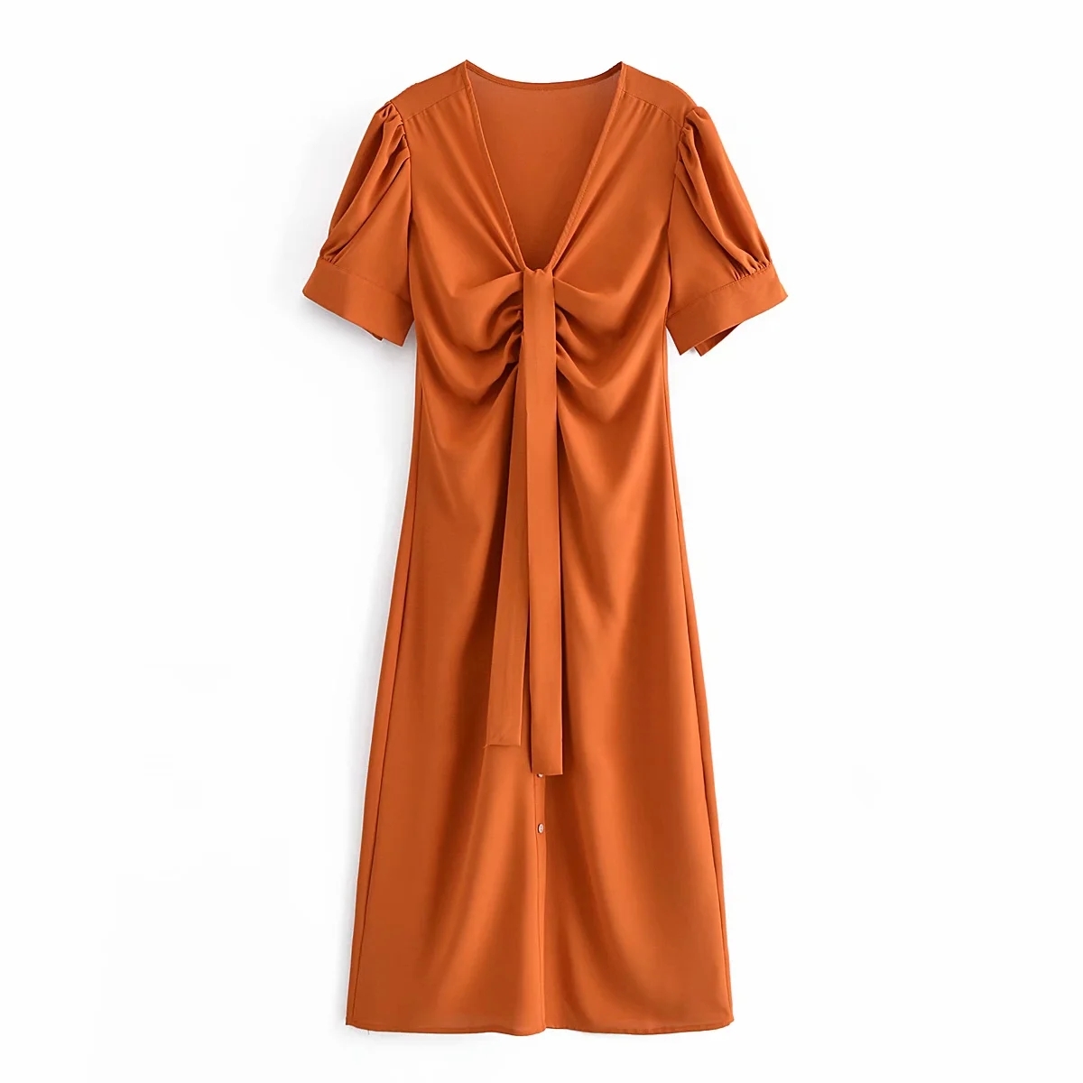 

Women Solid Summer Bow Midi Dress Elegant Bodycon Beach Style SIngle Breasted V-neck Chic Dress Casual Streetwear Outafits 210521, As pic