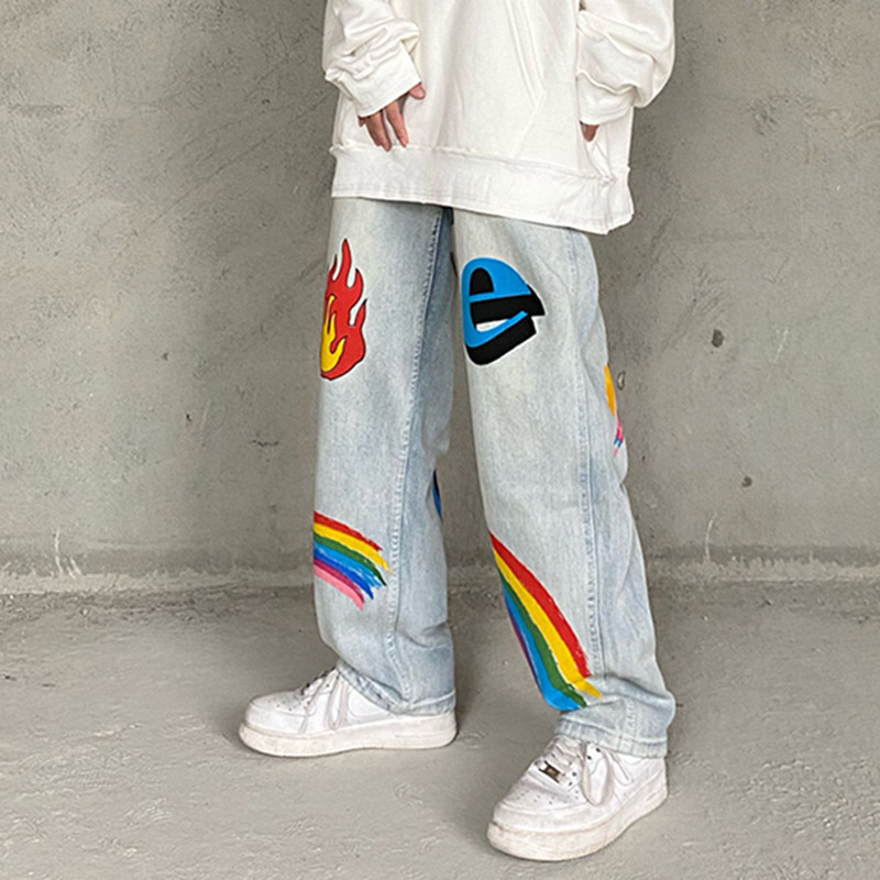 

High Street Graffiti Oversize Jeans for Men and Women Harajuku Washed Retro Casual Denim Pants Straight Loose Jean Pants, Black