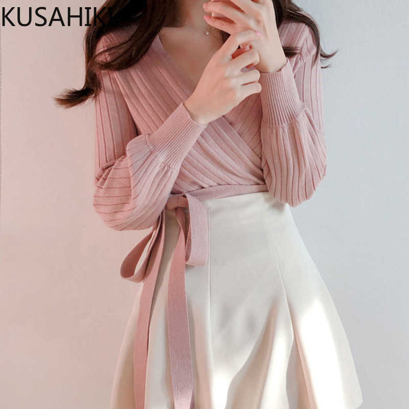 

Bow Bandage Slim Waist Knitted Tops Korean V-neck Long Sleeve Knitwear Spring Women Pull Jumpers 6F218 210603, Apricot