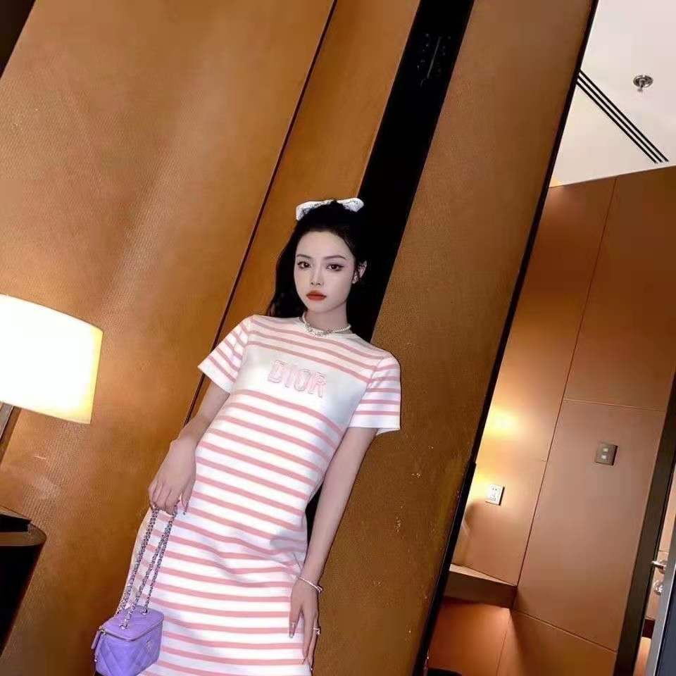 

dress skirt 2021 summer stripe stitching d home letter embroidery round neck knitting ice silk short sleeve women, Black;gray