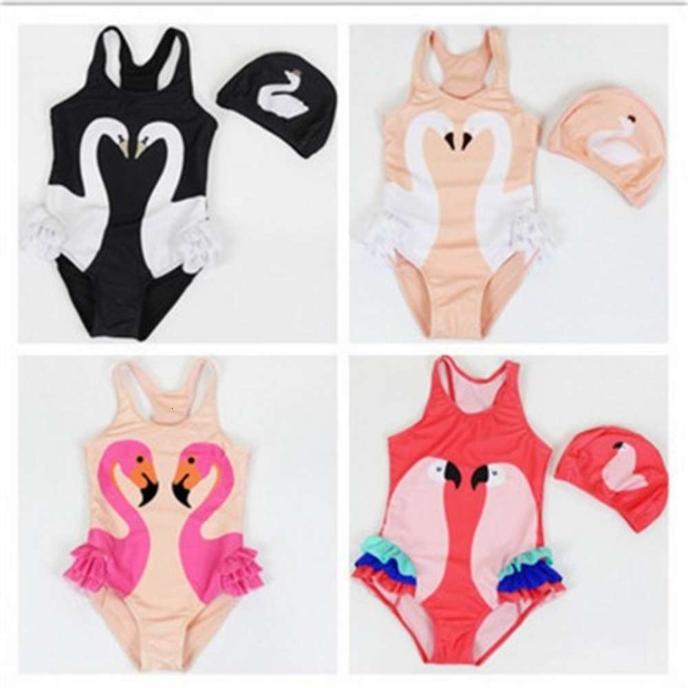 

Children's suit girls' style one piece , swan Flamingo children's swimsuit and swimming cap, Black