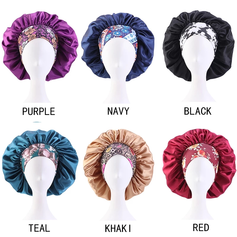 

New Extra Large Women Sleep Cap Floral Print Soft Wide Hair Bonnet Satin Cover Lined Sleep Cap Night Sleeping Hat Ladies Turban, Blue;gray