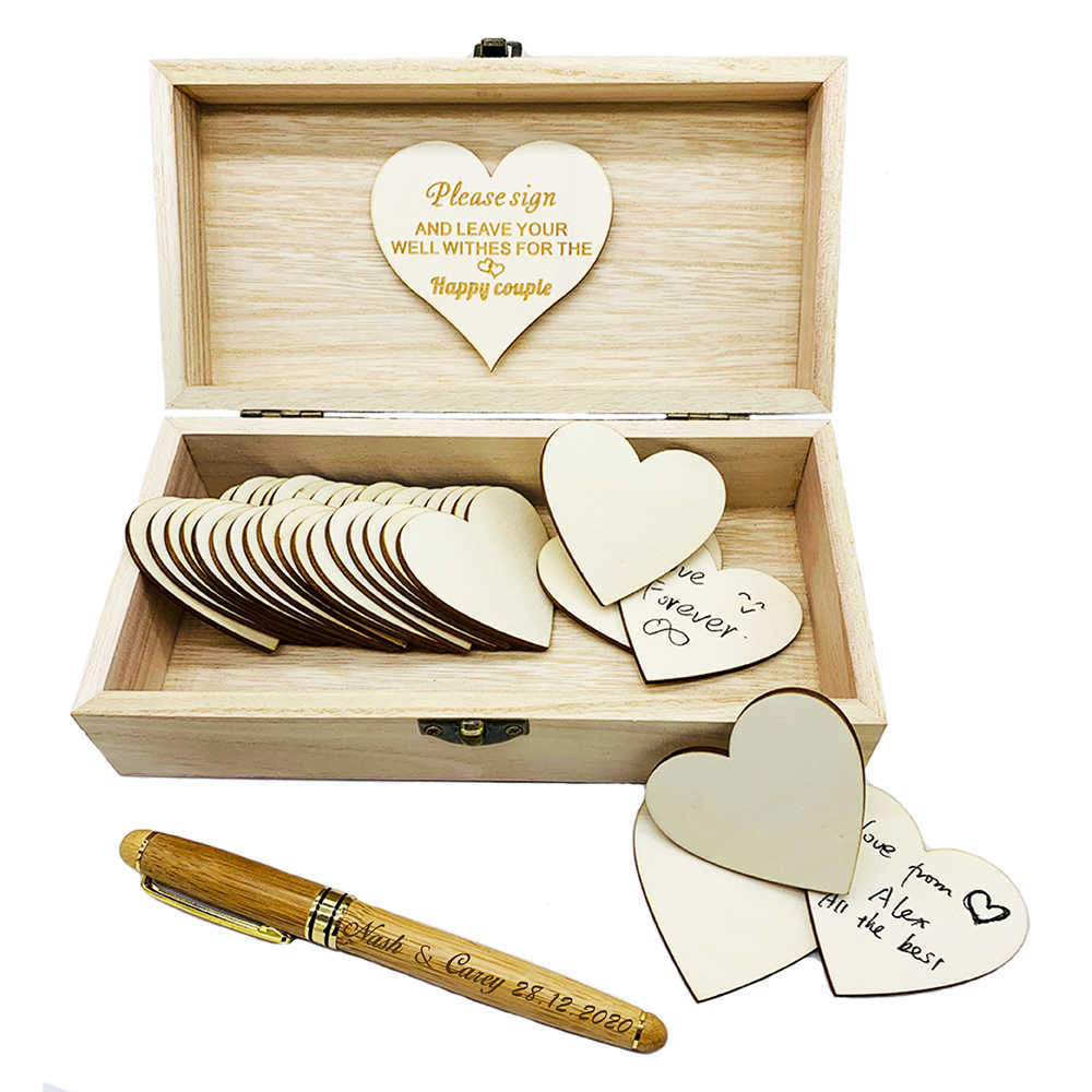 

Personalized Wedding guest book with hearts Custom name date Wooden Keepsake box Bamboo Pen wedding Decor H1026