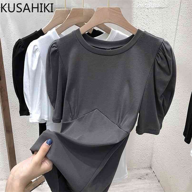 

Summer Woman Tshirts Puff Sleeve O-neck Graphic Tees Korean Solid Patchwork Fashion Elegant Tops Shirt 6J030 210603, White