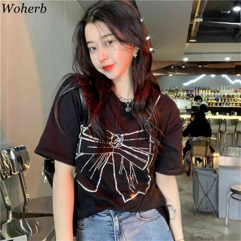 

Summer Loose Women T Shirt Tops Short Sleeve Bow Sequined Patch Tees Korean Fashion Female T-shirts Femme 210519, White