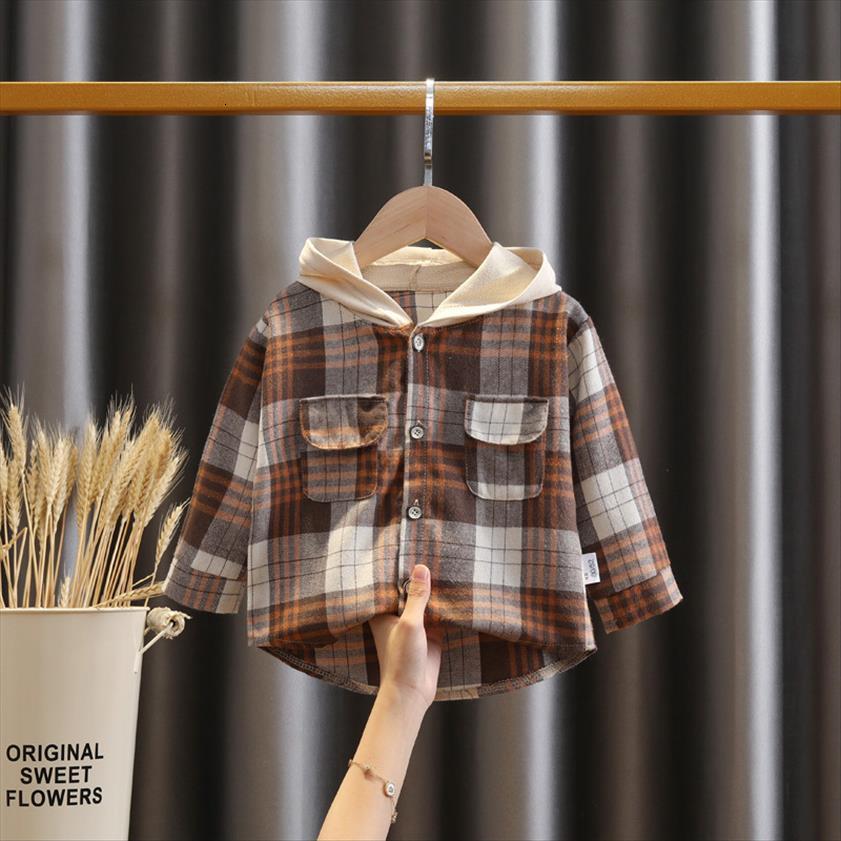 

Childrens Clothing Boys Shirts Autumn Kids Hooded Jacket Plaid Long Sleeved Shirt Spring Baby Boy Sleeve Tops, Brown