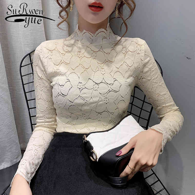 

Casual Solid Long Sleeve Lace Blouse Korean Style Women Turtleneck Tops Elegant Slim Spring Clothing 7909 50 210521, White